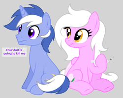 Size: 2493x1989 | Tagged: safe, artist:feather_bloom, oc, oc:rose bud(fb), oc:silver night(fb), pegasus, pony, unicorn, duo, fear, gray background, pregnancy test, scared, simple background