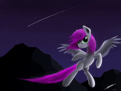 Size: 3200x2400 | Tagged: safe, artist:av-4, oc, oc only, unnamed oc, pegasus, pony, female, flying, grin, high res, looking at you, mare, night, pegasus oc, shooting star, signature, smiling, smiling at you, solo, spread wings, stars, wings