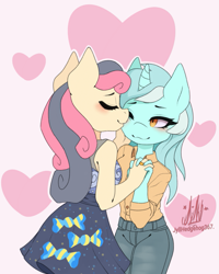 Size: 905x1129 | Tagged: safe, artist:jyllhedgehog367, bon bon, lyra heartstrings, sweetie drops, earth pony, unicorn, anthro, g4, adorabon, cheek kiss, clothes, cute, cutie mark on clothes, duo, female, heart, heart background, holding hands, kissing, lesbian, lyrabetes, pants, ship:lyrabon, shipping, shirt, skirt