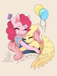 Size: 896x1188 | Tagged: safe, artist:jyllhedgehog367, fluttershy, pinkie pie, butterfly, earth pony, pegasus, anthro, g4, balloon, duo, eyes closed, female, hug, lesbian, ship:flutterpie, shipping, simple background