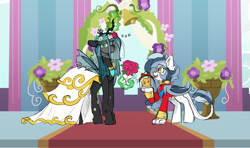 Size: 1327x788 | Tagged: safe, artist:star_theft, queen chrysalis, oc, oc:cobalt comet, bat pony, changeling, hippogriff, canterlot wedding 10th anniversary, g4, annoyed, bouquet, canterlot, cheese, clothes, colored sketch, dress, excited, female, flower, food, funny, happy, humor, insect wings, marriage, sketch, uniform, wedding, wedding dress, wedding veil, wings