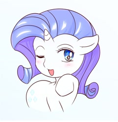 Size: 689x715 | Tagged: safe, artist:auntie_grub, rarity, pony, unicorn, g4, female, horn, looking at you, mare, one eye closed, open mouth, open smile, raised hoof, simple background, smiling, smiling at you, solo, wink, winking at you
