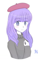 Size: 1049x1577 | Tagged: safe, artist:auntie_grub, rarity, human, equestria girls, g4, beatnik rarity, beret, clothes, cute, female, hat, looking at you, mare, raribetes, simple background, smiling, solo, sweater, white background