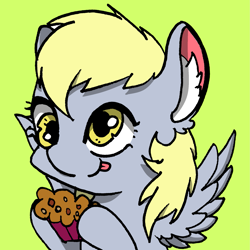 Size: 1951x1951 | Tagged: safe, artist:rainbowwing, derpy hooves, pegasus, pony, mlp fim's twelfth anniversary, g4, :3, derp, ear fluff, female, food, green background, hoof hold, mare, muffin, rainbowwing is trying to murder us, simple background, solo, spread wings, tongue out, wings