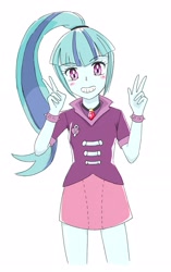 Size: 1765x2815 | Tagged: safe, artist:auntie_grub, sonata dusk, human, equestria girls, g4, clothes, cute, female, gem, grin, looking at you, peace sign, simple background, siren gem, smiling, smiling at you, solo, sonatabetes, spiked wristband, white background, wristband