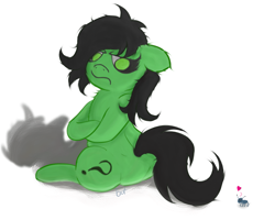 Size: 1567x1252 | Tagged: safe, artist:botckap, derpibooru exclusive, oc, oc:anon, oc:filly anon, earth pony, insect, pony, angry, chest fluff, ear fluff, female, filly, foal, green coat, green eyes, heart, simple background, white background