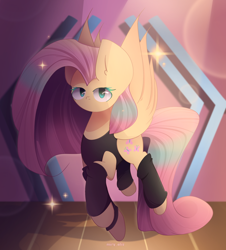 Size: 2400x2650 | Tagged: safe, artist:miryelis, fluttershy, butterfly, pegasus, pony, g4, bodysuit, clothes, fanart, female, flying, full body, high res, long hair, looking at you, signature, solo, sparkles, stage, stockings, thigh highs, wings