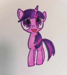 Size: 3000x3356 | Tagged: safe, artist:369treatment, twilight sparkle, pony, unicorn, g4, cute, female, filly, filly twilight sparkle, foal, happy, high res, horn, looking at you, mare, simple background, smiling, smiling at you, solo, traditional art, unicorn twilight, weapons-grade cute, younger