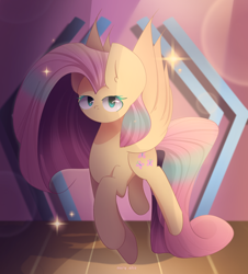 Size: 2400x2650 | Tagged: safe, alternate version, artist:miryelis, fluttershy, butterfly, pegasus, pony, g4, cute, daaaaaaaaaaaw, fanart, female, flying, full body, high res, long hair, looking at you, shyabetes, solo, sparkles, stage, wings