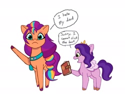 Size: 1978x1491 | Tagged: safe, artist:allisonpopick, edit, edited screencap, screencap, pipp petals, sunny starscout, earth pony, pegasus, pony, g5, my little pony: tell your tale, book, boomer humor, duo, duo female, female, implied argyle starshine, mane stripe sunny, mare, pipp is short, raised leg, simple background, white background