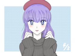 Size: 1805x1360 | Tagged: safe, artist:auntie_grub, rarity, human, equestria girls, g4, beatnik rarity, beret, blushing, clothes, cute, female, hat, looking at you, open mouth, open smile, raribetes, simple background, smiling, smiling at you, solo, sweater, white background