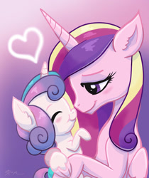 Size: 1280x1521 | Tagged: safe, artist:catscratchpaper, princess cadance, princess flurry heart, alicorn, pony, g4, baby, baby pony, duo, duo female, eyes closed, female, gradient background, heart, mare, mother and child, mother and daughter, mother's day