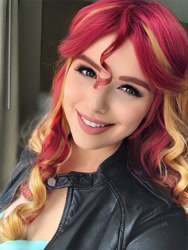Size: 901x1200 | Tagged: safe, artist:maddymoiselle, edit, editor:sammykun, faceapp, sunset shimmer, human, equestria girls, g4, beautiful, bust, clothes, eyelashes, female, focus, hair, humanized, irl, irl human, jacket, leather jacket, lipstick, makeup, photo, photography, portrait, redhead, smiling, solo, wig, woman, young