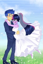 Size: 677x1022 | Tagged: safe, artist:laflashlightshipper, flash sentry, sci-twi, twilight sparkle, human, equestria girls, g4, clothes, dress, duo, duo male and female, female, hug, male, marriage, open mouth, open smile, ship:flashlight, ship:sci-flash, shipping, signature, smiling, straight, wedding, wedding dress