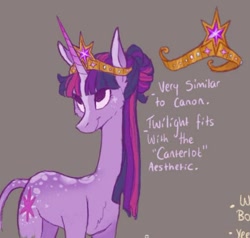 Size: 752x717 | Tagged: safe, artist:heebiejeebies, part of a set, twilight sparkle, pony, unicorn, g4, alternate design, alternate hairstyle, big crown thingy, coat markings, dappled, element of magic, gray background, jewelry, looking up, redesign, regalia, simple background, solo, tiara, unicorn twilight, updo