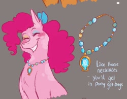 Size: 940x733 | Tagged: safe, artist:heebiejeebies, part of a set, pinkie pie, earth pony, pony, g4, alternate design, bow, coat markings, element of laughter, eyes closed, gray background, grin, hair bow, jewelry, makeup, necklace, redesign, simple background, smiling, solo