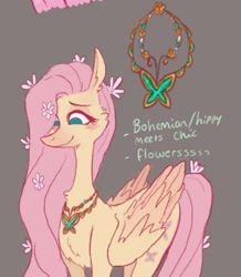 Size: 637x730 | Tagged: safe, artist:heebiejeebies, part of a set, fluttershy, pegasus, pony, g4, alternate design, colored wings, element of kindness, flower, flower in hair, flower in tail, gradient wings, gray background, jewelry, necklace, partially open wings, redesign, simple background, solo, tail, wings