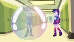 Size: 1246x720 | Tagged: safe, artist:carlosuriel13, trixie, twilight sparkle, human, equestria girls, g4, backpack, bubble, clothes, duo, female, in bubble, lockers, pleated skirt, skirt, twilight sparkle (alicorn)