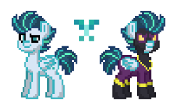 Size: 2963x1836 | Tagged: safe, oc, oc only, oc:bolt freeze, pegasus, pony, pony town, clothes, cutie mark, goggles, male, next generation, reference sheet, shadowbolts, simple background, stallion, uniform, white background