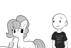 Size: 4326x2948 | Tagged: safe, artist:tjpones, oc, oc only, oc:brownie bun, oc:richard, earth pony, human, pony, horse wife, black and white, cute, female, grayscale, human male, husband and wife, looking at each other, looking at someone, male, mare, married couple, monochrome, mouth hold, oc x oc, ocbetes, shipping, simple background, spatula, straight, white background