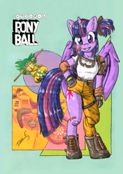 Size: 2481x3508 | Tagged: safe, artist:memprices, twilight sparkle, alicorn, semi-anthro, g4, arm hooves, bicycle, bipedal, boots, bulma, clothes, cosplay, costume, crossover, dragon ball, ear fluff, goggles, high res, horn, jumping, logo, logo edit, looking at you, motorcycle, pencil, pencil drawing, pony ball, ponytail, posing for photo, shading, shoes, signature, smiling, smiling at you, son goku, traditional art, twilight sparkle (alicorn), wings
