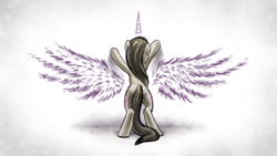 Size: 5556x3125 | Tagged: safe, artist:kp-shadowsquirrel, octavia melody, alicorn, earth pony, pony, g4, absurd resolution, against wall, aspiration, beautiful, bipedal, chalk, denied, female, horn, photoshop, reaching, rear view, solo, spread wings, tearjerker, wallpaper, wings