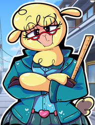 Size: 951x1246 | Tagged: safe, artist:malachimoet, paprika (tfh), alpaca, semi-anthro, them's fightin' herds, arm hooves, clothes, community related, crossed arms, glasses, heart eyes, lidded eyes, looking at you, nerd, outfit, ruler, school, school uniform, schoolgirl, solo, teacher, wingding eyes