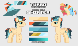 Size: 3122x1836 | Tagged: safe, oc, oc:turbo swifter, pegasus, pony, cutie mark, goggles, headband, male, pointy ponies, reference sheet, simple background, size chart, size comparison, stallion