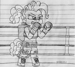 Size: 1280x1151 | Tagged: safe, artist:ct1443ae, pinkie pie, earth pony, semi-anthro, g4, boxer, boxing, boxing gloves, boxing ring, boxing shorts, clothes, gritted teeth, lined paper, mouth guard, pencil drawing, shoes, shorts, solo, sports, teeth, traditional art