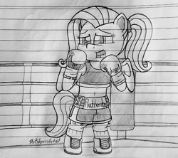 Size: 1280x1135 | Tagged: safe, artist:ct1443ae, fluttershy, pegasus, semi-anthro, g4, boxing, boxing gloves, boxing ring, boxing shorts, clothes, lined paper, mouth guard, open mouth, pencil drawing, shoes, shorts, solo, sports, traditional art