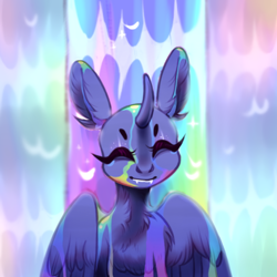 Size: 512x512 | Tagged: safe, artist:strangle12, oc, oc only, alicorn, pony, abstract background, alicorn oc, bust, chest fluff, commission, curved horn, ear fluff, eyelashes, horn, smiling, wings, your character here