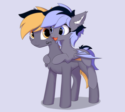 Size: 1917x1710 | Tagged: safe, artist:verlista, oc, oc only, oc:hoti vefire, oc:lily moonlight, brother and sister, female, gotcha, happy, hooves, hug, hugging a pony, male, mare, riding a pony, siblings, stallion, teenager