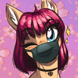 Size: 4000x4000 | Tagged: safe, artist:faline-art, oc, oc only, pony, face mask, female, jewelry, looking at you, mare, mask, necklace, one eye closed, solo, wink, winking at you