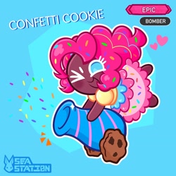 Size: 1440x1440 | Tagged: safe, artist:seasemissary, pinkie pie, human, g4, chibi, clothes, cookie run, cookiefied, dark skin, dress, happy, humanized, party cannon, smiling, solo, xd