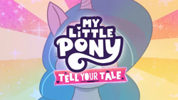 Size: 3410x1920 | Tagged: safe, screencap, izzy moonbow, pony, unicorn, g5, it's t.u.e.s. day, my little pony: tell your tale, spoiler:g5, spoiler:my little pony: tell your tale, spoiler:tyts01e09, cute, female, grin, izzybetes, mare, my little pony logo, smiling, solo, upscaled