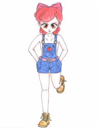 Size: 2495x3261 | Tagged: safe, artist:dantethehuman, apple bloom, human, g4, clothes, hand in pocket, high res, humanized, overalls, simple background, solo, white background