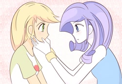 Size: 1000x689 | Tagged: safe, artist:auntie_grub, applejack, rarity, human, equestria girls, g4, clothes, duo, duo female, female, hatless, lesbian, looking at each other, looking at someone, missing accessory, rarity peplum dress, ship:rarijack, shipping