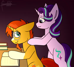 Size: 4000x3600 | Tagged: safe, artist:foxxo666, starlight glimmer, sunburst, pony, unicorn, g4, bipedal, bipedal leaning, female, glasses, high res, leaning, looking at each other, looking at someone, male, massage, reading, ship:starburst, shipping, simple background, smiling, stallion, straight