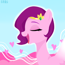 Size: 1936x1936 | Tagged: safe, artist:rily, pipp petals, pegasus, pony, g5, my little pony: a new generation, blue background, chinese, eyes closed, heart, open mouth, pink skin, princess, simple background, singing, smiling, spread wings, wings