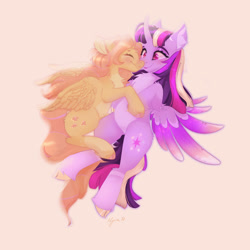 Size: 1920x1920 | Tagged: safe, artist:nyota71, fluttershy, twilight sparkle, alicorn, pegasus, pony, g4, blushing, chest fluff, cloven hooves, colored hooves, colored wings, cute, eyes closed, female, lesbian, mare, pale belly, redesign, ship:twishy, shipping, shyabetes, snuggling, twiabetes, twilight sparkle (alicorn), unshorn fetlocks, wings