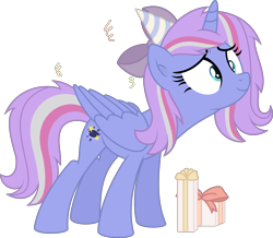 Size: 3779x3292 | Tagged: safe, artist:starcollider, oc, oc only, oc:starcollider, alicorn, pony, .svg available, alicorn oc, base used, birthday, female, hat, high res, horn, mare, party hat, present, simple background, solo, svg, transparent background, vector, wings