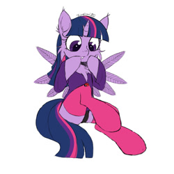 Size: 1080x1080 | Tagged: safe, artist:fajnyziomal, twilight sparkle, alicorn, insect, ladybug, pony, g4, butt, cheek fluff, chest fluff, clothes, commission, panties, plot, shirt, socks, solo, spread wings, twilight sparkle (alicorn), underwear, wings, your character here
