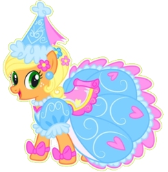 Size: 638x655 | Tagged: safe, artist:darlycatmake, applejack, earth pony, pony, look before you sleep, applejack also dresses in style, bow, clothes, dress, ear piercing, female, flower, flower in hair, froufrou glittery lacy outfit, happy, hat, hennin, jewelry, looking at you, mare, necklace, piercing, princess, princess applejack, simple background, smiling, smiling at you, solo, transparent background, vector