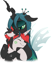 Size: 2360x2880 | Tagged: safe, artist:dormin-dim, queen chrysalis, oc, oc:zaknel, pony, unicorn, canterlot wedding 10th anniversary, g4, canon x oc, commission, eyes closed, female, high res, hug, kiss mark, lipstick, male, mare, shipping, simple background, stallion, transparent background