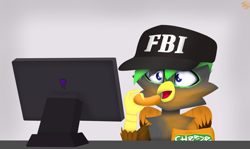 Size: 5024x3001 | Tagged: safe, artist:toxinagraphica, oc, oc only, oc:dreary, griffon, baseball cap, cap, cheetos, commission, fbi, feather, griffon oc, hat, logo, male, meme, monitor, open mouth, parody, penguins of madagascar, ponified meme, scene parody, shocked, signature, skipper, solo, table, wings