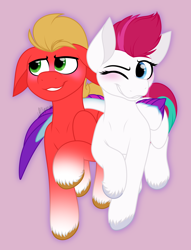 Size: 2982x3900 | Tagged: safe, artist:feather_bloom, sprout cloverleaf, zipp storm, earth pony, pegasus, pony, g5, my little pony: a new generation, blushing, duo, embarrassed, female, high res, hug, male, mare, one eye closed, romantic, ship:cloverstorm, shipping, simple background, stallion, straight, unshorn fetlocks, winghug, wings, wink