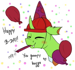 Size: 680x633 | Tagged: safe, artist:julunis14, oc, oc only, oc:berzie, changedling, changeling, balloon, birthday, birthday gift art, changedling oc, changeling oc, clothes, confetti, eyes closed, gift art, hard hat, hat, party horn, solo