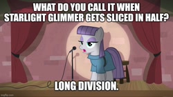 Size: 800x450 | Tagged: safe, maud pie, g4, dark comedy, implied starlight glimmer, long division, long glimmer, long pony, maud the comedian, pun, stand-up comedy