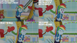 Size: 1280x720 | Tagged: safe, edit, edited screencap, editor:quoterific, screencap, rainbow dash, human, dashing through the mall, equestria girls, equestria girls specials, g4, my little pony equestria girls: better together, my little pony equestria girls: holidays unwrapped, clothes, cutie mark on clothes, eyes closed, female, geode of super speed, hoodie, jewelry, magical geodes, necklace, open mouth, smiling, snowman, solo, text
