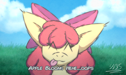 Size: 3500x2100 | Tagged: safe, artist:supasurida, apple bloom, earth pony, pony, g4, :3, :p, ^^, adorabloom, big ears, bow, cloud, cute, dialogue, eye clipping through hair, eyes closed, female, filly, foal, hair bow, high res, solo, text, tongue out